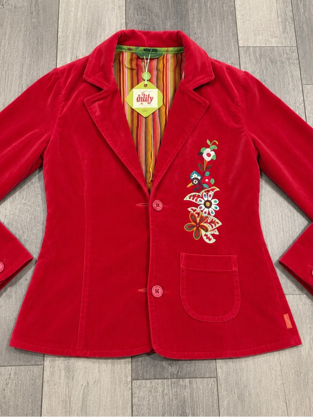Oilily Bright Red Velvet Blazer with Floral Embroidery